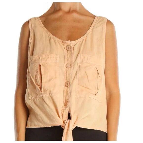 Free People Linen Sleeveless Blouse Top Women Size Small Tie Front Boho Beige - Picture 4 of 6